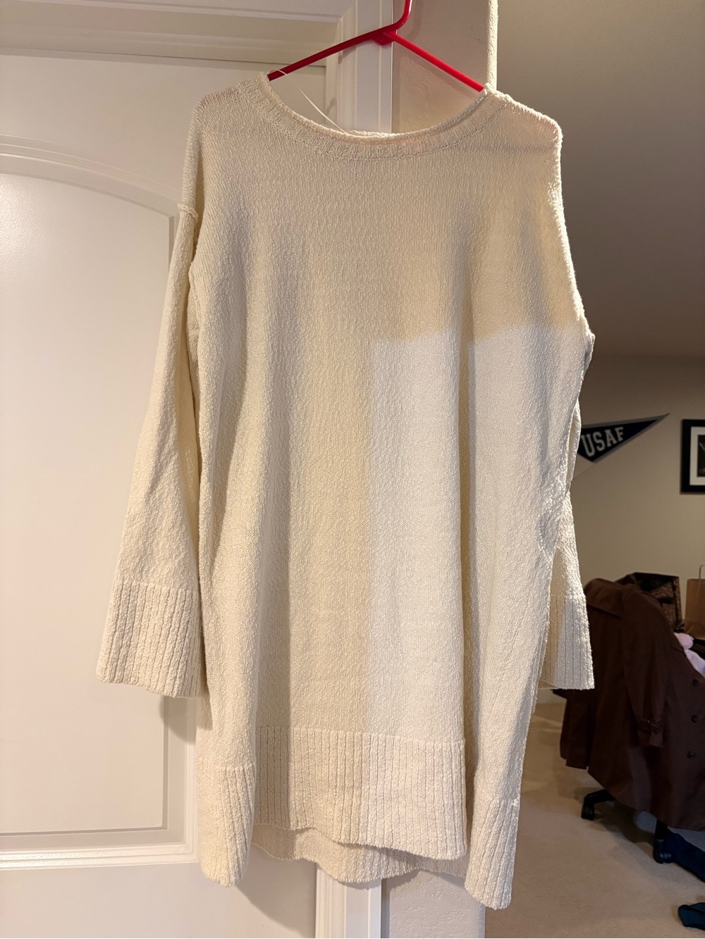 Free People Cream Textured Crewneck Tunic Sweater